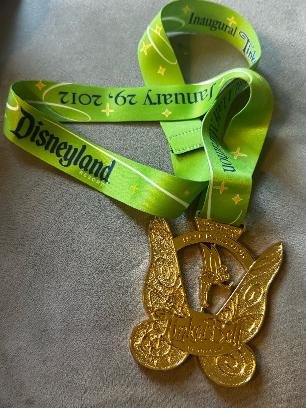 Disney Gold Tinker Bell half marathon Medal with Lime Green Ribbon 2012